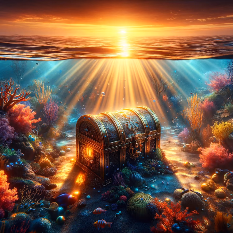 SeaVault treasure chest beneath a golden ocean sunrise